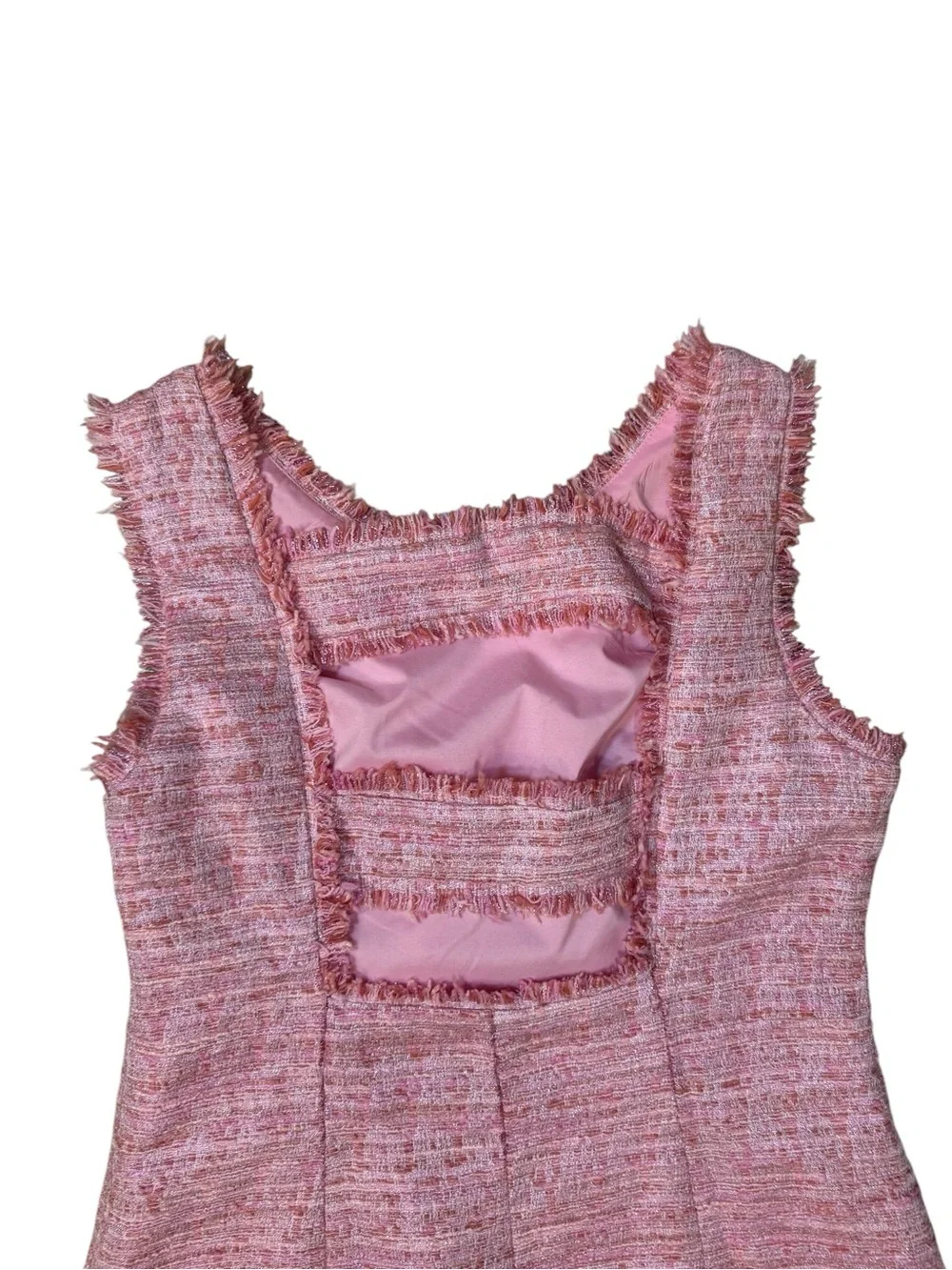 Adrianna Papell Pink Tweed Sheath Dress Fringe Cutout Back Pockets Size 12